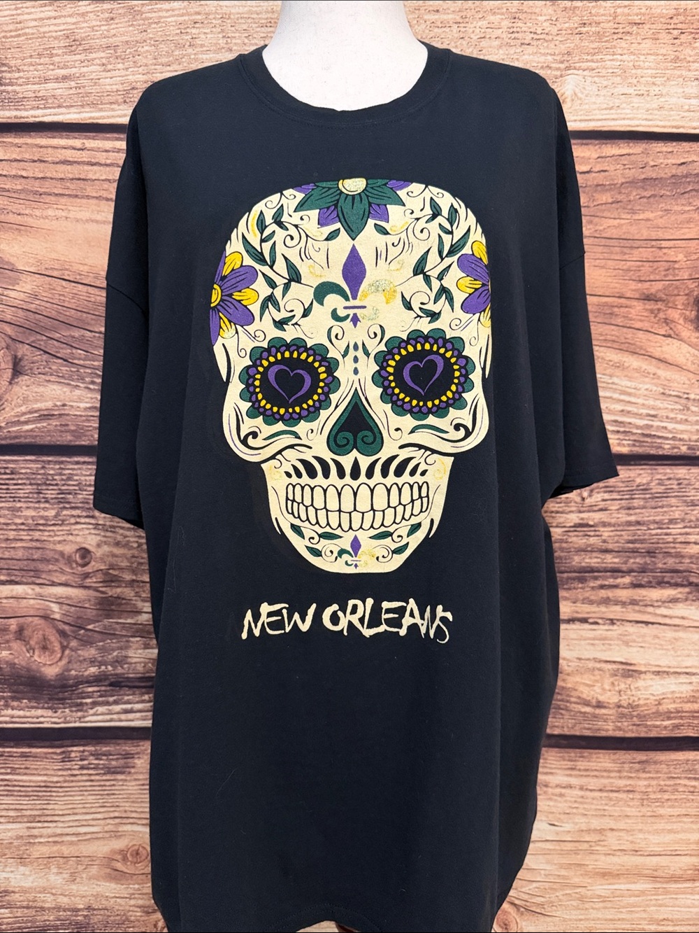Gildan Black Sugar Skull New Orleans Tee with Purple & Yellow Accents